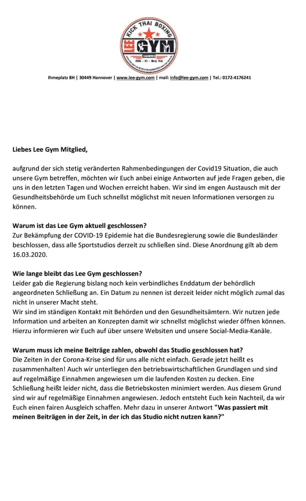 wichtige Covid19 Information für alle Lee Gym Mitglieder |